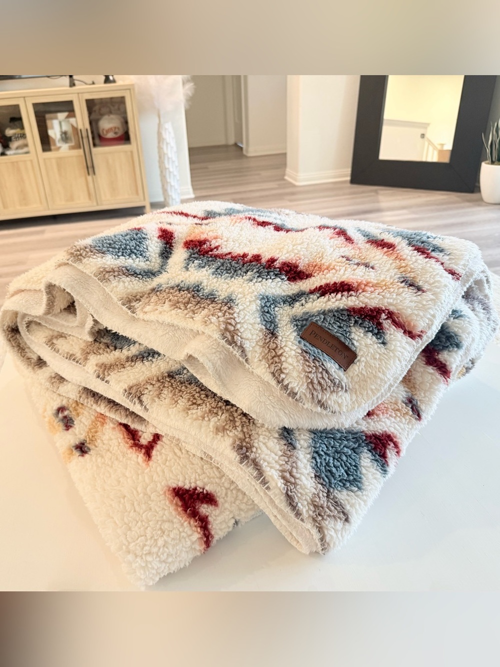 Pendleton reversible Avra Valley sherpa fleece blanket white sands Aztec print